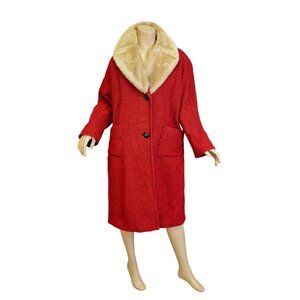 1950s Red Wool Coat w/ Laskin Mouton Collar w/Cocoon Silhouette M/L